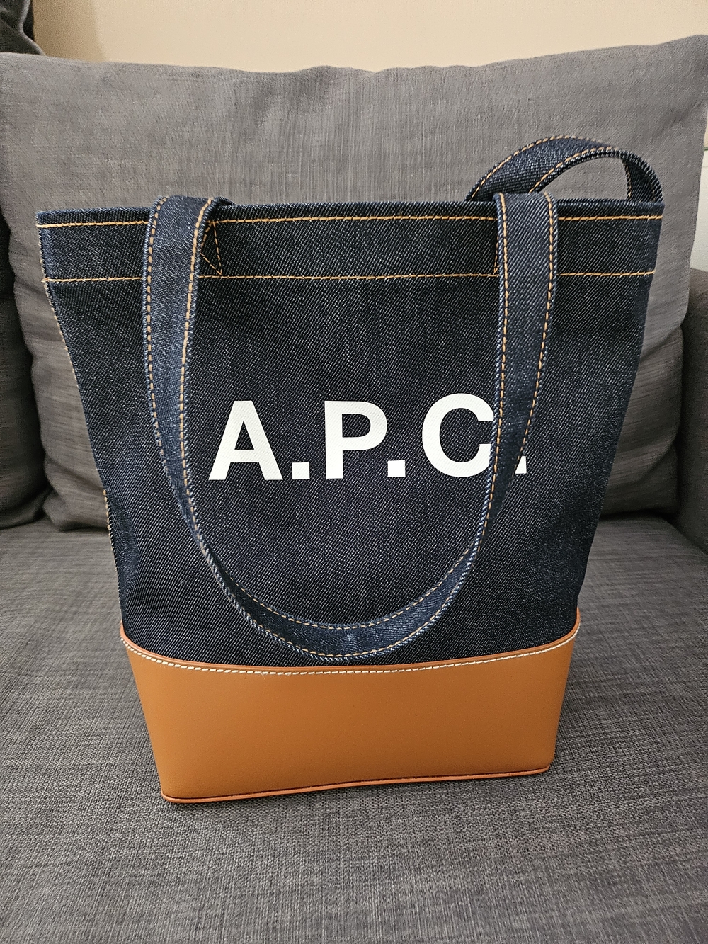A.P.C. Denim & Leather Tote Bag - Navy Blue & Tan
